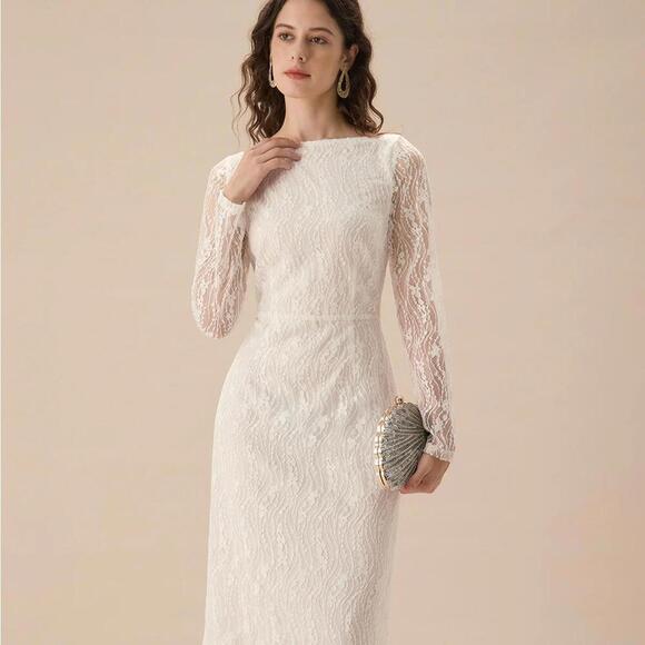 RIHOAS White Lace Boat Neck Slit Midi Dress S - Picture 3 of 6